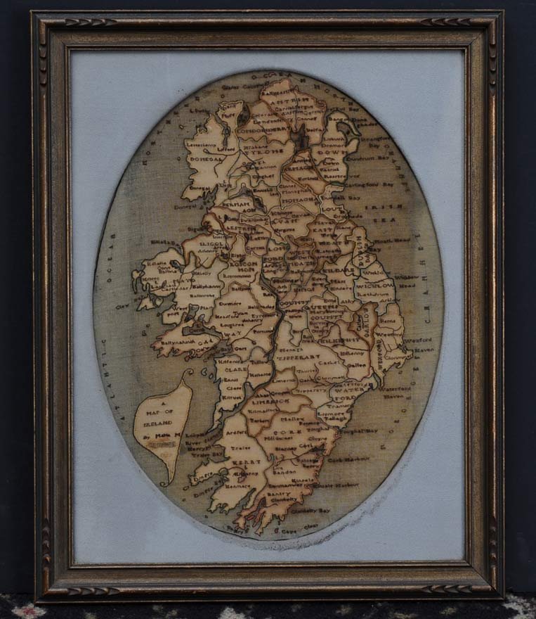 English Map Sampler: 17 3/4" x 13 1/4" oval 19th century estimate 250/350 Shipping available within the Continental USA (excludes insurance) $50. International shippers are responsible for arranging 3rd party shipping.
