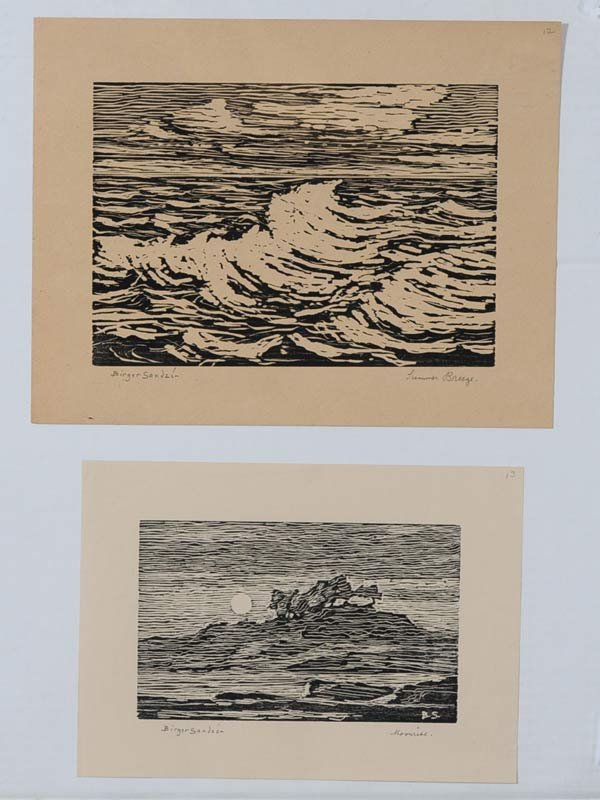 Birger Sandzen: Pair of Linocut Prints Summer Breeze 7" x 10" and Moonrise 5" x 8" each pencil signed lower left estimate 300/500 Shipping available within the Continental USA (excludes insurance) $30. International 