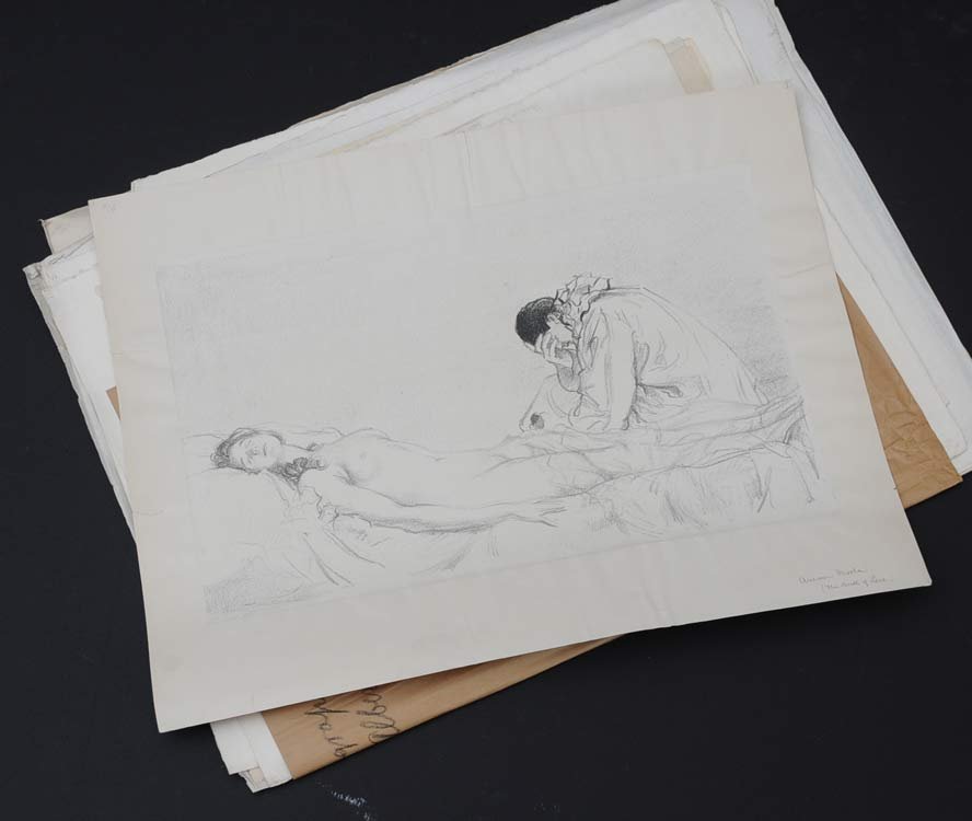 Large Lot of Prints: including Albert Sterner (some pencil signed), Albert Rosenthal (Historical portraits), Hubert Pullinger and four unsigned but framed Joseph Pennell lithographs, the largest 13" x 21" estimate 300/500
