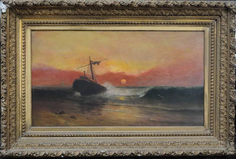 American School: Beached Ship At Sunset 20" x 36" oil on canvas signed indistinclty lower left late 19th century estimate 500/750 Buyer is responsible for arranging 3rd party shipping.