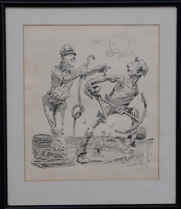 American School Illustration: A Sailor Forgetting His Knot 16" x 14" (sight) unsigned circa 1940 estimate 300/500 Shipping available within the Continental USA (excludes insurance) $40. International shippers are responsible for a