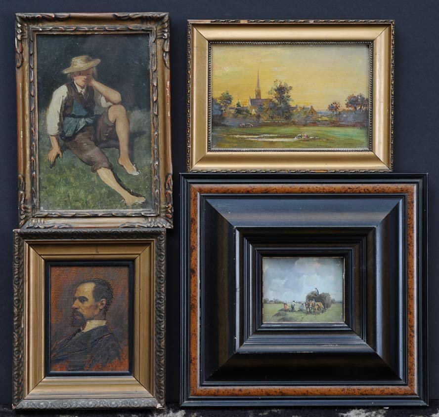 Group of Four Paintings: including Boy with Straw Hat, Landscape with Church, Haying Scene and Portrait largest 10" x 6" estimate 300/500 Shipping available within the Continental USA (excludes insurance) $50. International s