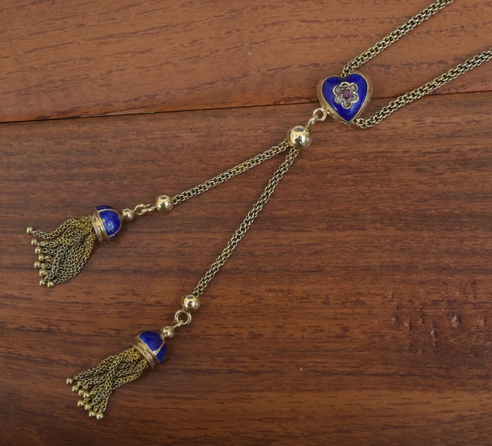 14k Gold Tassel Necklace with blue enamel, rose cut diamonds and ruby: 14k Gold Tassel Necklace with blue enamel, rose cut diamonds and ruby 24 1/2" long chain, 4" long pendant, weight is 30.5 grams gross stamped "585" IN HOUSE SHIPPING Within Continental USA $25 DURING 