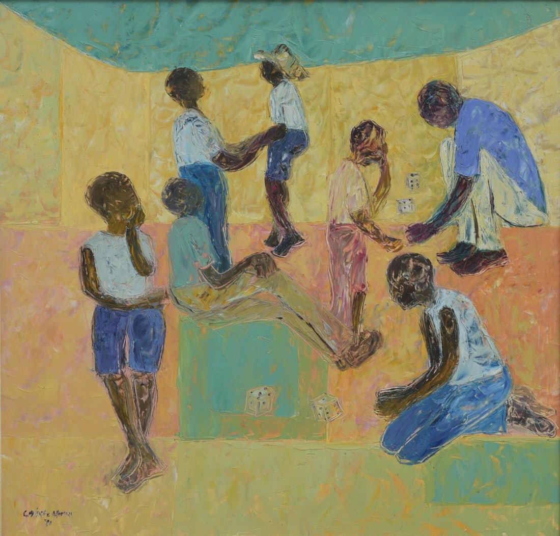 Henri Calixte (Haiti 1933-2010) Les Joueurs de Des (The Dice Players): Henri Calixte (Haiti 1933-2010) Les Joueurs de Des (The Dice Players) 27"x24" oil on masonite signed lower left IN HOUSE SHIPPING W/I continental USA $55 DURING CHECKOUT CHOOSE "ARRANGE MY OWN SHIPPIN