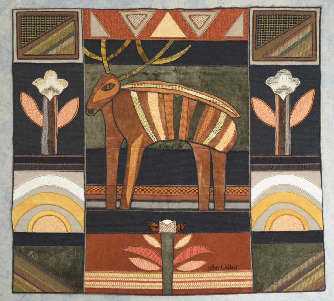 Helen Webber (1928-2019) Tapestry: Helen Webber (1928-2019) Tapestry the central panel with a stylized Caribou 52"x52" with a velcro strip at top verso for hanging ships rolled around a hard 6" tube circa 1981 IN HOUSE SHIPPING W/I con