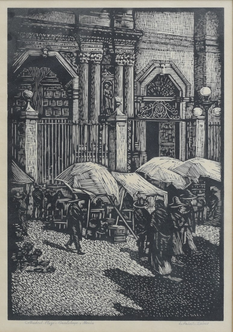E. Hubert Deines (1894–1967) Wood Engraving, Cathedral Plaza, Guadalupe (1 of 3)