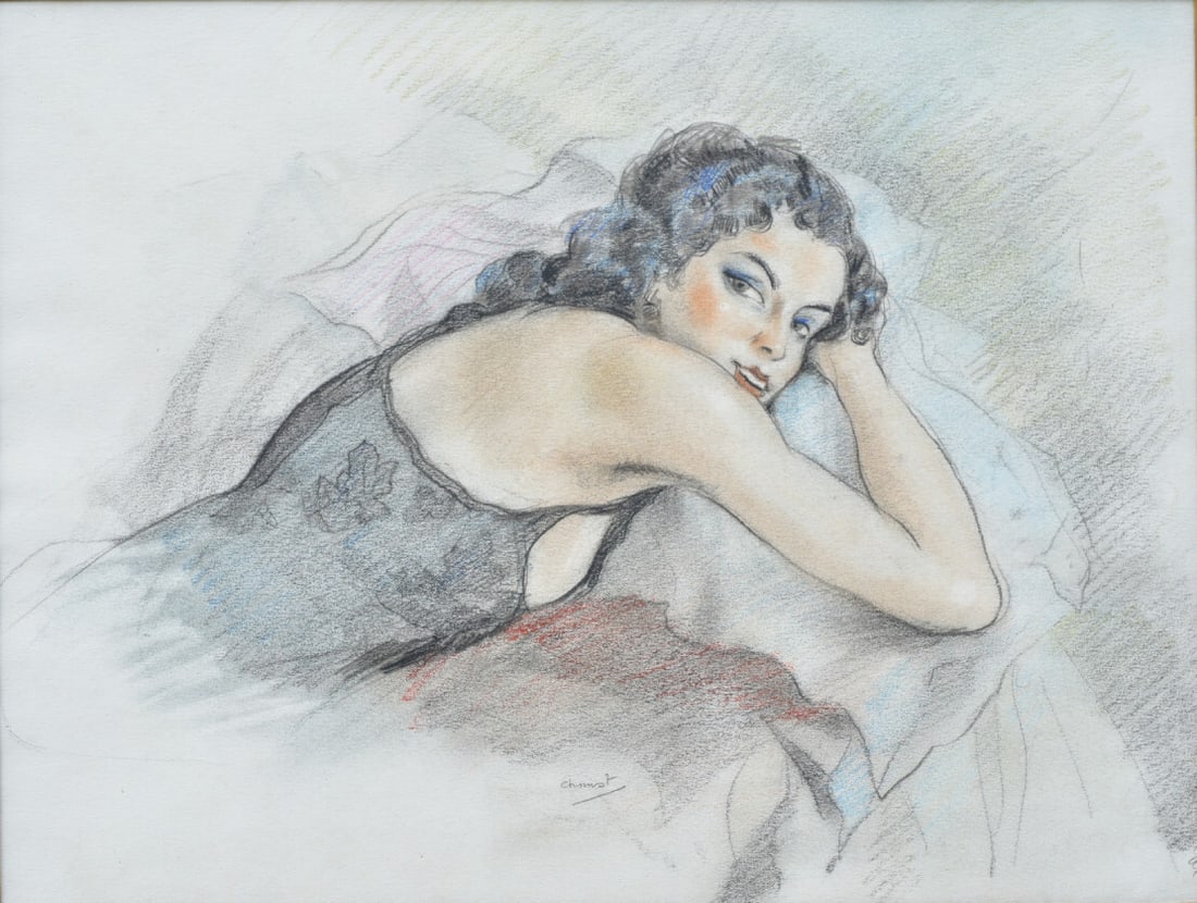 Edouard Jules Chimot (French, 1880-1959), Seduction with Lingere, 9"x12" Pastel: Edouard Jules Chimot (French, 1880-1959), Seduction with Lingere 9"x12" Pastel on paper signed lower center nicely framed overall with frame 20" x 22 7/8" IN HOUSE SHIPPING W/I continental USA $45 DUR