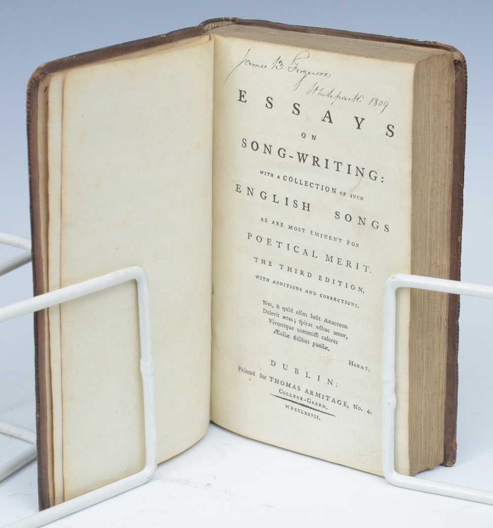 John Aikin, Essays on Songwriting, 1777 Dublin: Author: John Aikin Title: Essays on Song-Writing: With a Collection of Such English Songs as Are Most Eminent for Poetical Merit Imprint: Dublin: Printed for Thomas Armitage, 1777 Edition: The Third E