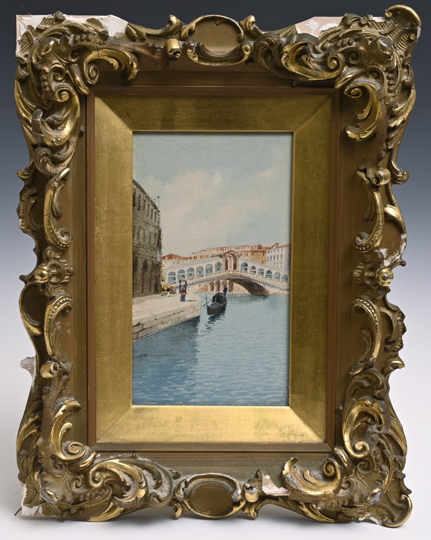ANDREA BIONDETTI (1851-1946), Gondola in Venice, watercolor: ANDREA BIONDETTI (1851-1946), Gondola in Venice, watercolor 10"x6" watercolor on paper, framed to 18"x13" signed lower left with original giltwood frame IN HOUSE SHIPPING W/I continental USA $25 DURIN