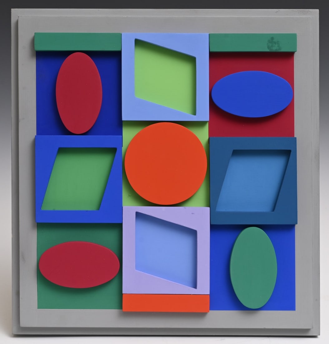 VICTOR VASERELY (1906-1997), "Turkiz Positif," 1967 Assemblage: VICTOR VASERELY (1906-1997), "Turkiz Positif," 1967 Assemblage Editions Denise Rene titled, numbered 2/50, and signed 'Vasarely.' on label verso 38cm x 36cm IN HOUSE SHIPPING W/I continental USA $45