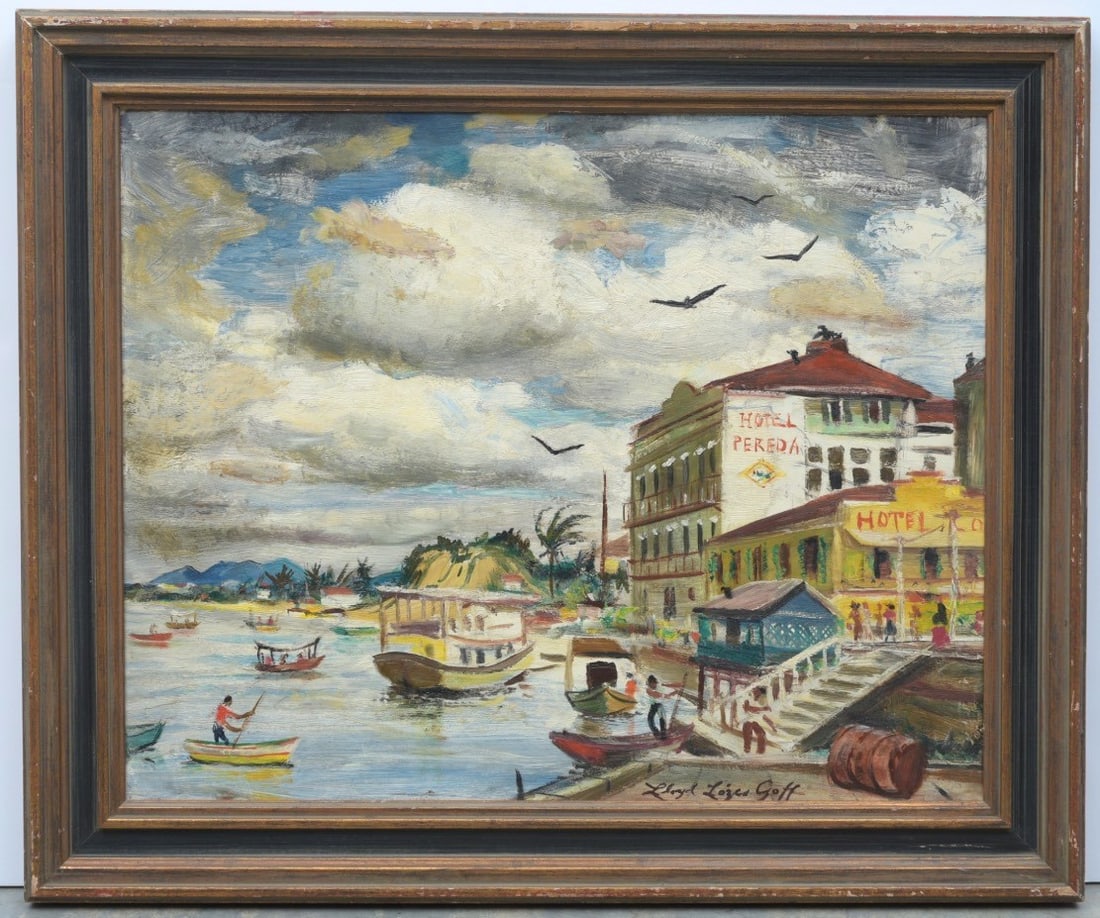Lloyd Lozes Goff (1908-1982) Hotel Pereda, Santander (Spain): Lozes Goff (1908-1982) Hotel Pereda, Santander (Spain) 20" x 24 1/4" oil on masonite signed lower right circa 1935 IN HOUSE SHIPPING W/I continental USA $35 DURING CHECKOUT CHOOSE "ARRANGE MY OWN