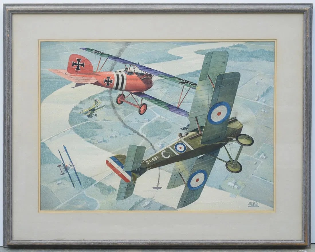 Alfred Owles (1898-1978), watercolor, THE RED BARON, World War I (1 of 4)