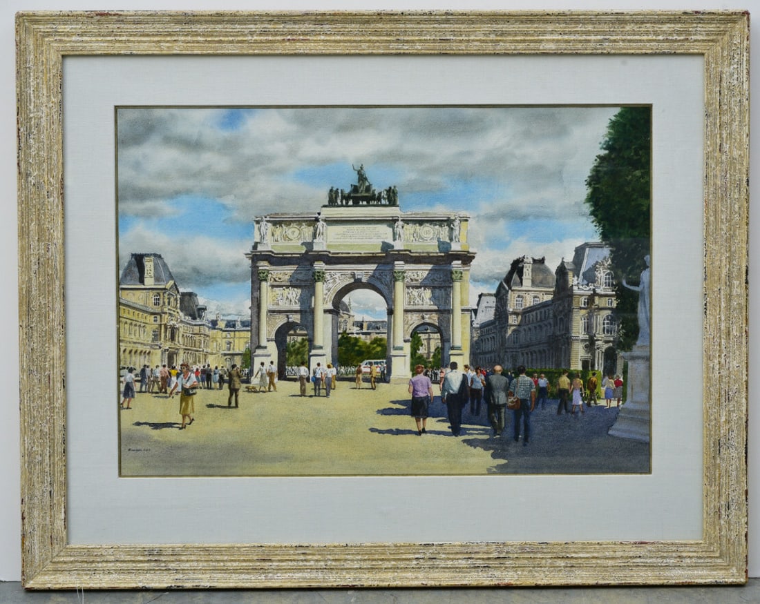 Joseph Morgan Henninger (1906-1999) L'Arc du Carrousel: Joseph Morgan Henninger (1906-1999) L'Arc du Carrousel 20 1/2" x 28" watercolor signed lower left gallery quality frame measuring outside 32"x39" ships without glass due to size IN HOUSE SHIPPING W/I 