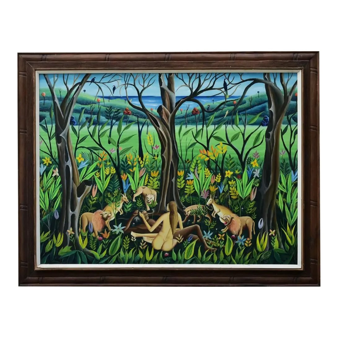 Pierre Augustin (1945-2014), Adam and Eve, Haitian: Pierre Augustin (1945-2014), Adam and Eve, Haitian 35"x46 3/4", framed to 43"x55"Dated 1975 IN HOUSE SHIPPING W/I continental USA $225 DURING CHECKOUT CHOOSE "ARRANGE MY OWN SHIPPING" if you'd like to