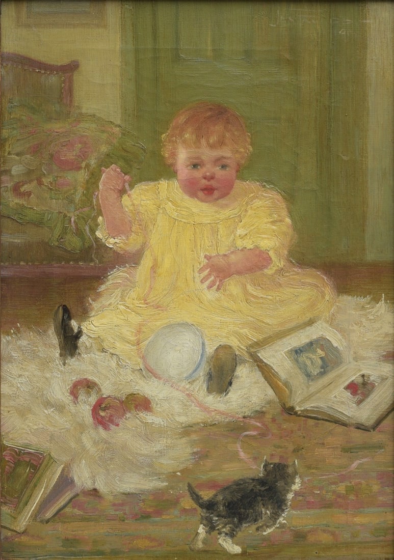 James Faulds (1896-1938) Young Toddler with Kitten: James Faulds (1896-1938) Young Toddler with Kitten 14"x10" oil on canvas, framed to 19 1/2"x15" signed upper right IN HOUSE SHIPPING W/I continental USA $45 DURING CHECKOUT CHOOSE "ARRANGE MY OWN