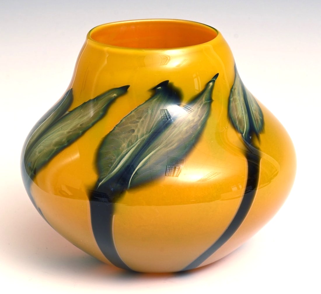 CHARLES LOTTON Butterscotch Floral 7" Art Glass Vase (1 of 5)