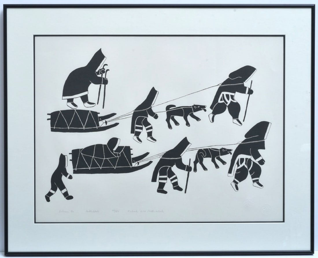 Peter Palvik stonecut print, "Aodlaktok" Holman blindstamp, 1984: Peter Palvik stonecut print, "Aodlaktok" with Holman blindstamp, 18 1/2" x 24 3/4" sight, framed to 25"x31" numbered 49/50 and dated 1984 WILL BE SHIPPED WITHOUT GLASS IN HOUSE SHIPPING W/I continenta