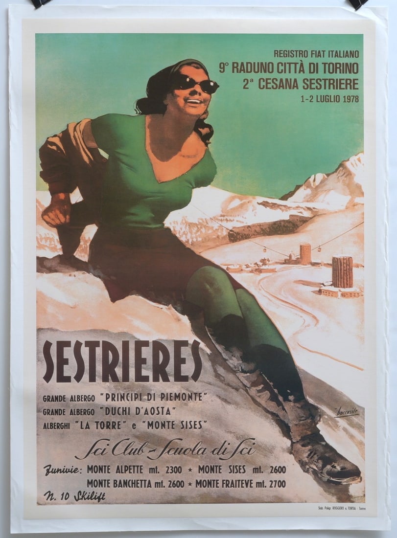 GINO BOCCASILE, Sestrieres (Ski Resort) Travel Poster, Italy Alps: GINO BOCCASILE, Sestrieres (Ski Resort) Travel Poster, Italy Alps, 1978 backed to linen 38 1/2" x 27 1/4" poster, 40 1/2"x29 1/4" linen published by Roggero & Tortia, Torino unframed shipped rolled in