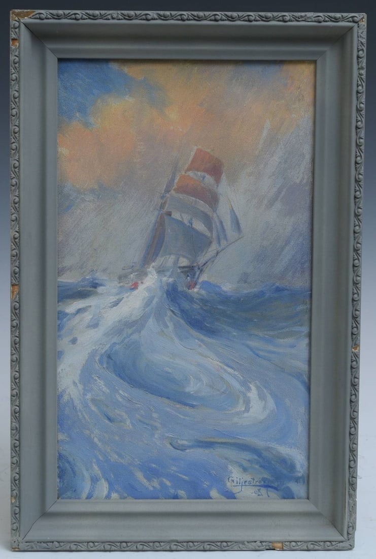 Gustave F. Liljestrom (1880-1958), Ship in Storm, 1908: Gustave F. Liljestrom (1880-1958), Ship in Storm, 1908 18.5"h x 12"w oil on board, overall (with frame) 18"X12"signed and dated lower right IN HOUSE SHIPPING W/I continental USA $35 DURING CHECKOUT CH