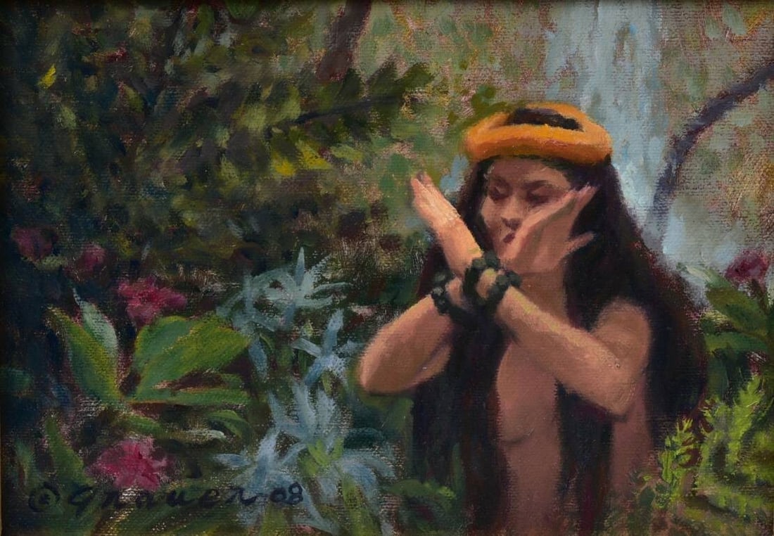 Ron Grauer (born 1927), Wahini Kokoke Wailele Haena, Kau (Hawaii): Ron Grauer (born 1927), Wahini Kokoke Wailele Haena, Kau 6"x8" oil on board framed to 11"x13" signed lower left dated 2008 IN HOUSE SHIPPING W/I continental USA $35 DURING CHECKOUT CHOOSE "ARRANGE MY 