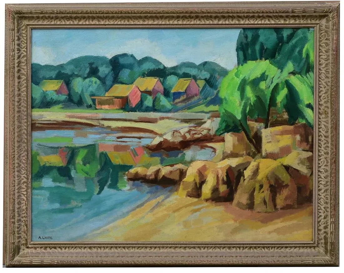 manner of Andre L'Hote (1885-1962) La Plage: manner of Andre L'Hote (1885-1962) La Plage 24"x30" oil on board framed to 29"x35" signed lower left, "A. L'Hote" IN HOUSE SHIPPING W/I continental USA $75 DURING CHECKOUT CHOOSE "ARRANGE MY OWN SHIPP