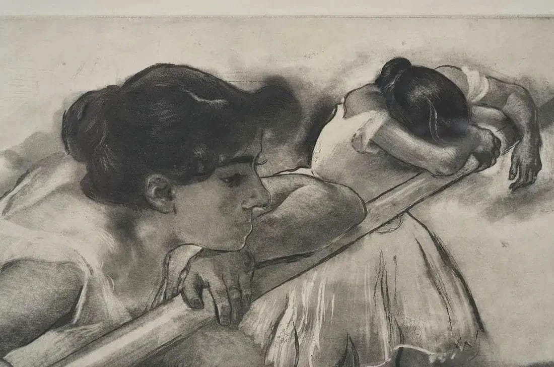 Louis LeGrand (1863-1951) En Nage (Soaking with Sweat) Etching with Aquatint: Louis LeGrand (1863-1951) En Nage (Soaking with Sweat) Etching with Aquatint from "Les Petites du Ballet, 1893 8 5/8"x 14 1/4" plate size on Japan paper framed to 24"x28" pencil signed lower right wit