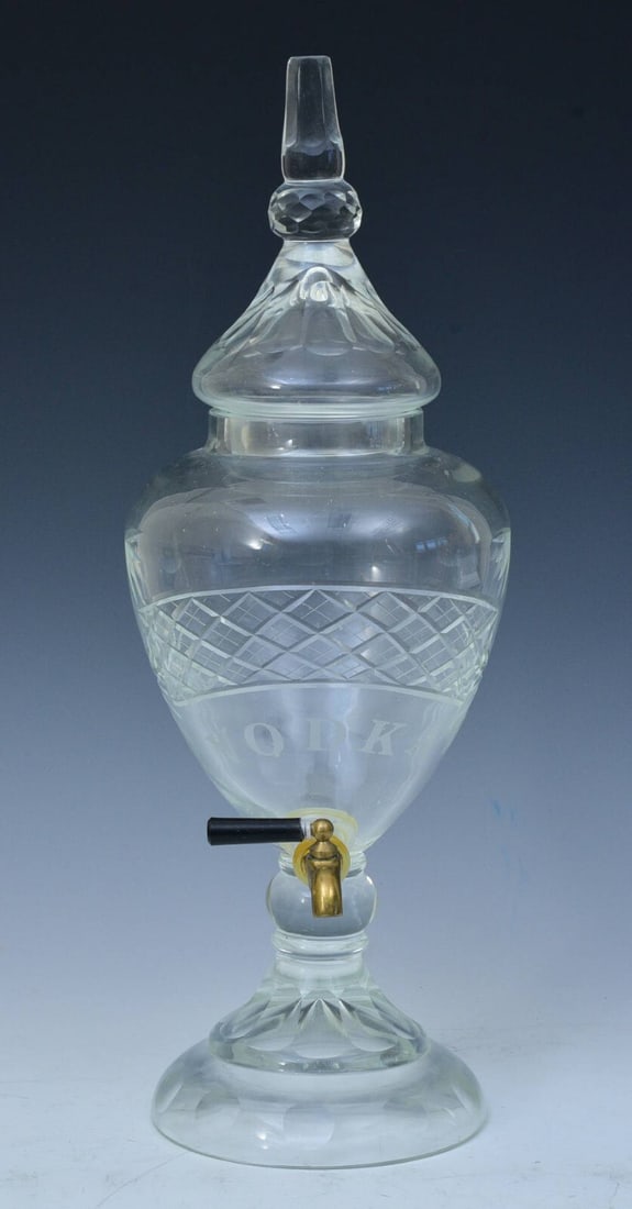 Cut Glass Apothecary Lidded Vodka Dispenser: Cut Glass Apothecary Lidded Vodka Dispenser with brass spigot 20" high circa 1900 N HOUSE SHIPPING W/I continental USA $65 DURING CHECKOUT CHOOSE "ARRANGE MY OWN SHIPPING" if you'd like to use our in-