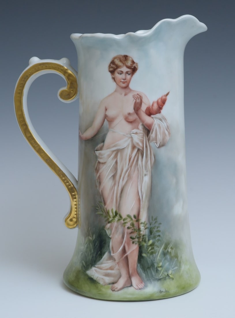 Limoges Hand Painted Pitcher w/ Topless Nude Woman (1 of 6)