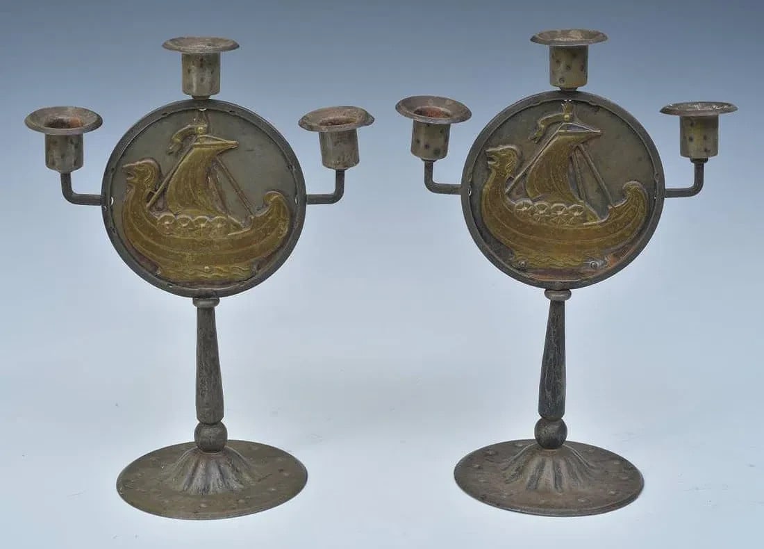 Pair of Goberg Secessionist Iron and Brass Candelabra: Pair of Goberg Secessionist Iron and Brass Candelabra 12 3/4" high stamped "Germany" on underside circa 1910 IN HOUSE SHIPPING W/I continental USA $45 DURING CHECKOUT CHOOSE "ARRANGE MY OWN SHIPPING" 