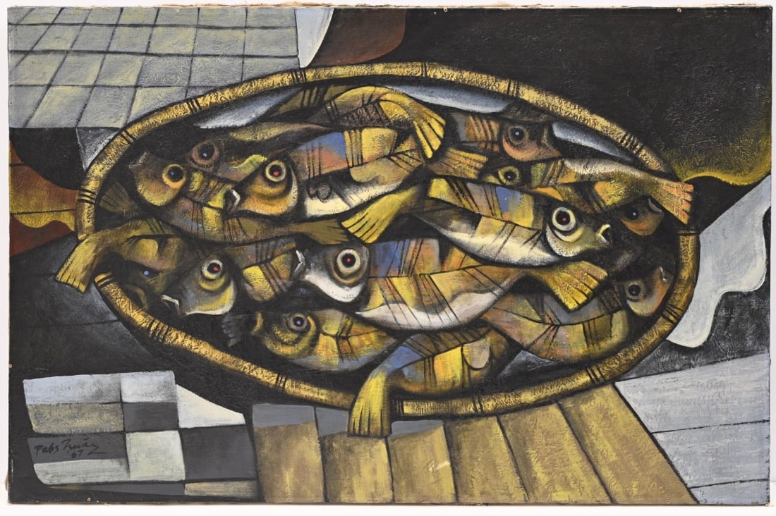 LATIN AMERICAN SCHOOL, Basket of Fish, signed indistinctly (1 of 6)