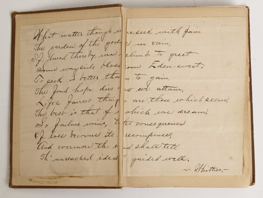 JOHN GREENLEAF WHITTIER handwritten poem and signature: JOHN GREENLEAF WHITTIER handwritten poem and signature tipped into Whittier Poetry Bookeach page 6"x4 1/4" IN HOUSE SHIPPING W/I continental USA $15 DURING CHECKOUT CHOOSE "ARRANGE MY OWN SHIPPING"