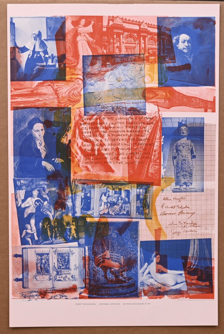 ROBERT RAUCHENBERG Exhibition Poster, Centennial Certificate, 1970: ROBERT RAUCHENBERG Exhibition Poster, Centennial Certificate, 1970(p65) Metropolitan Museum of Art Telamon Editions, New York, 1970 39" x 25 1/2" unframed ships rolled in a hardened tube IN HOUSE SHIP