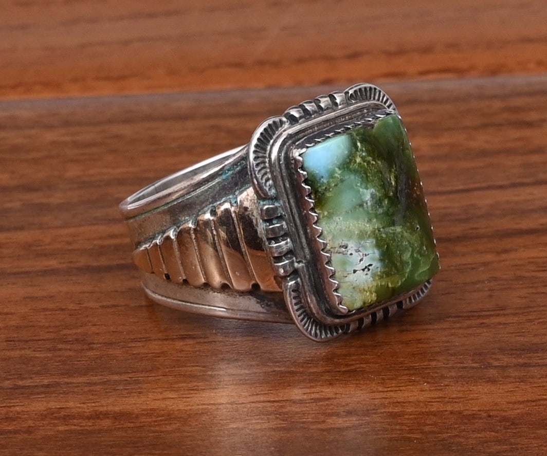 Will Denetdale Navajo Turquoise Sterling Silver and 14k Gold Ring: Will Denetdale Navajo Turquoise Sterling Silver Ring with 14k gold accents on the shank 15 mm x 13 mm turquoise stone ring size 12 1/2 signed "W. Denetdale", "sterling", "14k", "Navajo" weight is 14.1