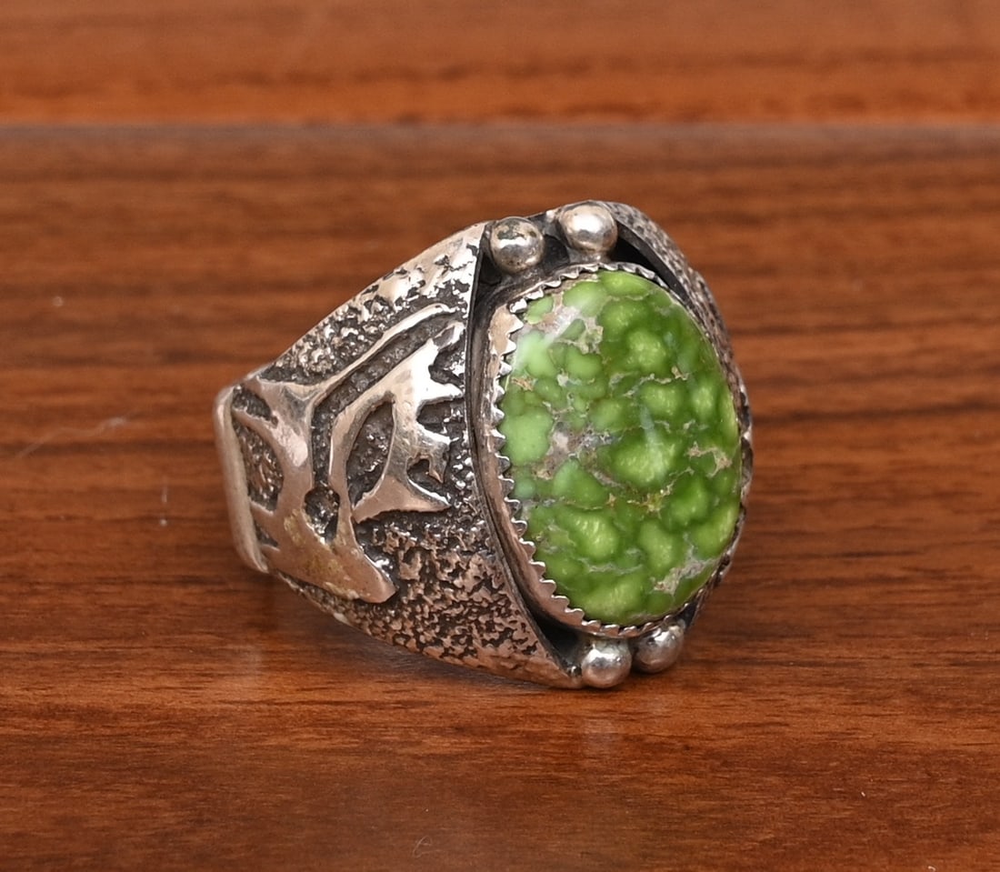 Dan Nieto Sterling Silver Ring, Zuni artist: Zuni artist Dan Nieto Sterling Silver Green Stone Ring stone possibly gaspeite, 18mm x 14mm ring size 12 1/4 weight is 23.2 grams IN HOUSE SHIPPING within the Continental USA $15. DURING CHECKOUT, CHO