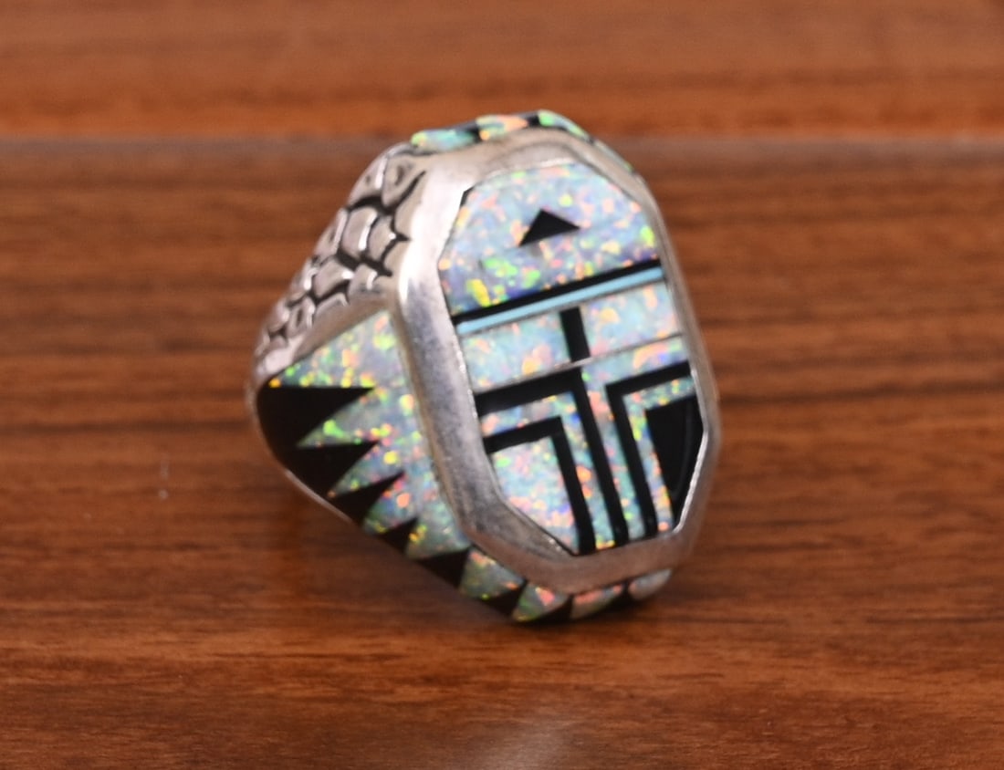 Nathaniel Johnson Opal and Onyx Inlaid Sterling Silver Ring, Navajo artist: Navajo artist Nathaniel Johnson Opal and Onyx Inlaid Sterling Silver Ring top of ring measures 16mm x 24mm ring size 9 1/4 stamped "Nel J.", "Sterling" weight is 34.9 grams IN HOUSE SHIPPING within th