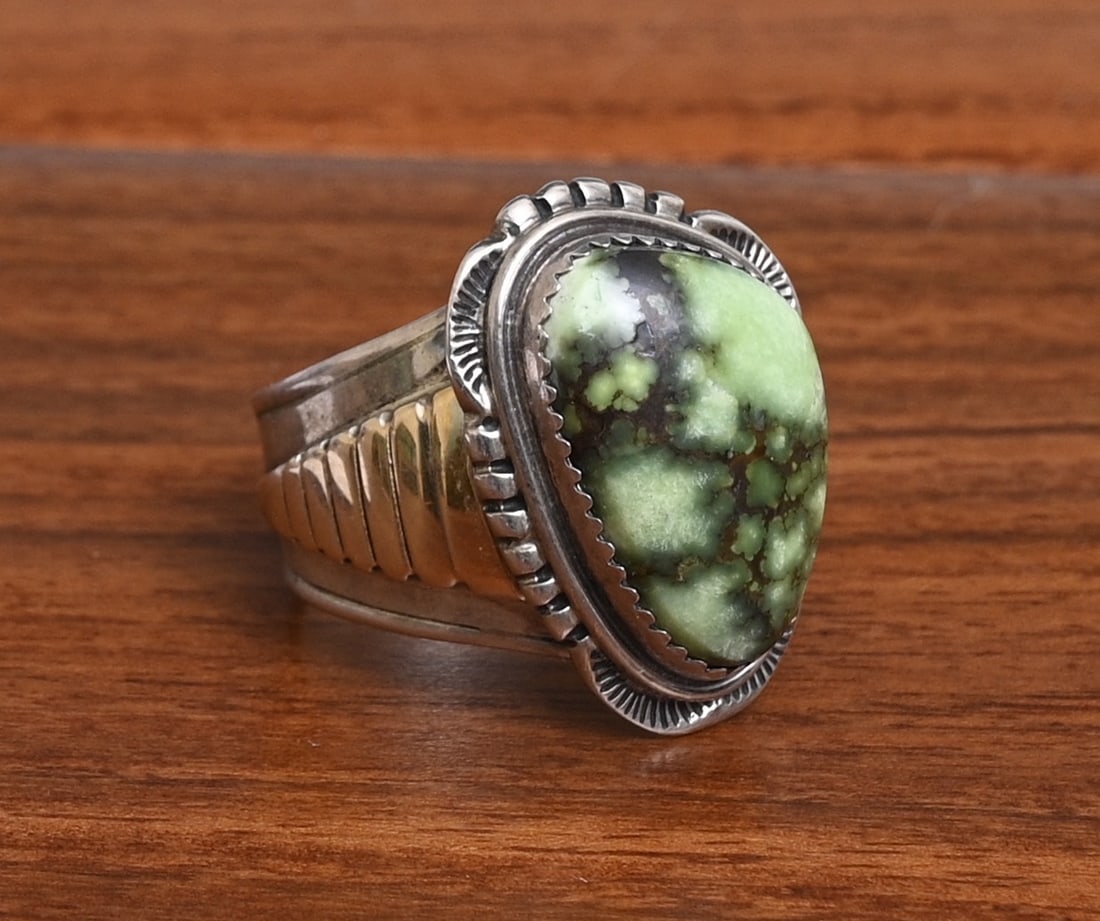 Will Denetdale Navajo Sterling Silver and 14k Gold Ring: Will Denetdale Sterling Silver Ring with 14k gold accents on shank 19mm x 14mm hard stone ring size 11, weight is 14.9 grams gross stamped "14k", "sterling", "W. Denetdale", "Navajo" IN HOUSE SHIPPING