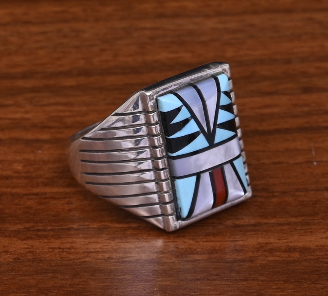 Sam Begay Navajo Sterling Silver Multi Stone Inlay Ring: Sam Begay Navajo Sterling Silver Multi Stone Inlay Ring geometrical Inlay 18 mm x 12 mm ring size 12 3/4, weight is 16.9 grams stamped "Sterling" "S.B" IN HOUSE SHIPPING within the Continental USA $25