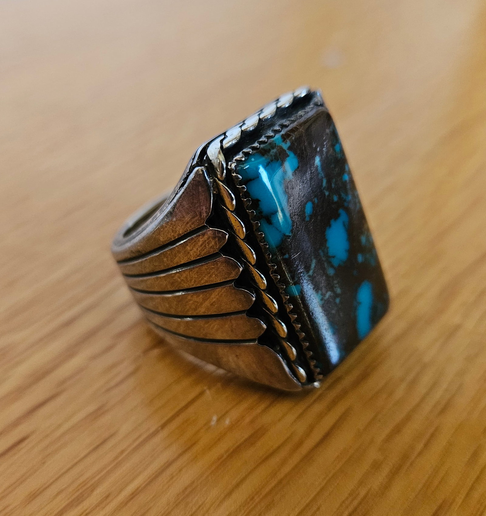 Large Kee Joe Benally Jr. Navajo Turquoise Sterling Silver Ring: Kee Joe Benally Jr. Turquoise Sterling Silver Ring, Navajo artist 28 mm x 17 mm turquoise ring size 12 3/4, weight is 33.1 grams gross stamped "IHM s/s KJB" (stands for "Indian Hand Made, Sterling Sil