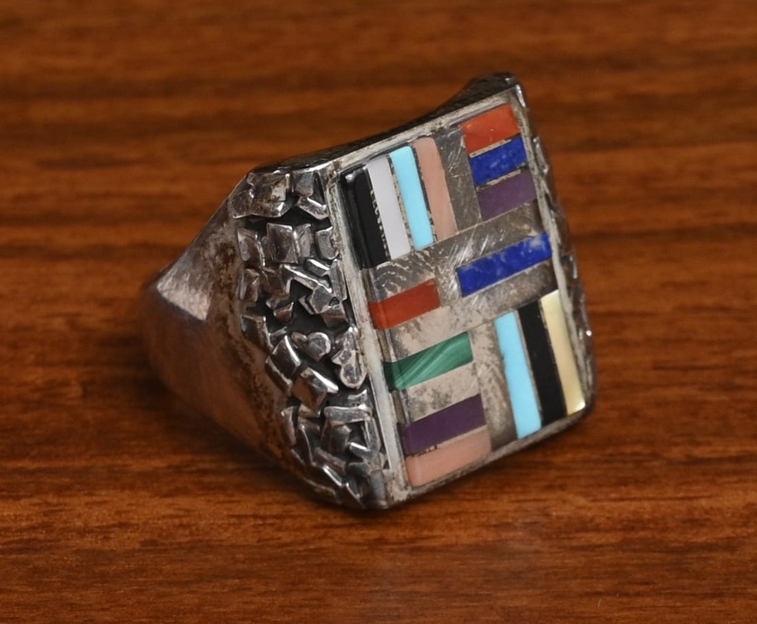 Native American Multi Stone Inlay Silver Ring, "SJT": Native American Multi Stone Inlay Silver Ring, signed "SJT" 19 mm x 13 mm inlay top panel ring size 11 3/4, weight is 20grams gross stamped "SJT" IN HOUSE SHIPPING within the Continental USA $25. DURI