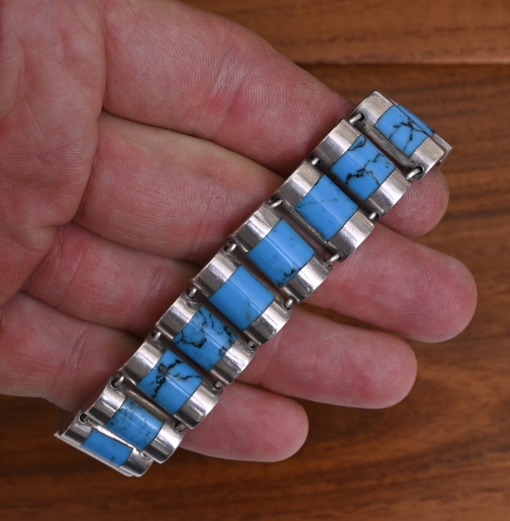 Tilo Turquoise Inlay Sterling Silver Bracelet, Mexico: Tilo Turquoise Inlay Sterling Silver Bracelet, Mexico 3/4" wide, 7" long, weight is 49 grams gross stamped "Mexico TS 45 TILO" IN HOUSE SHIPPING within the Continental USA $25. DURING CHECKOUT, CHOOSE