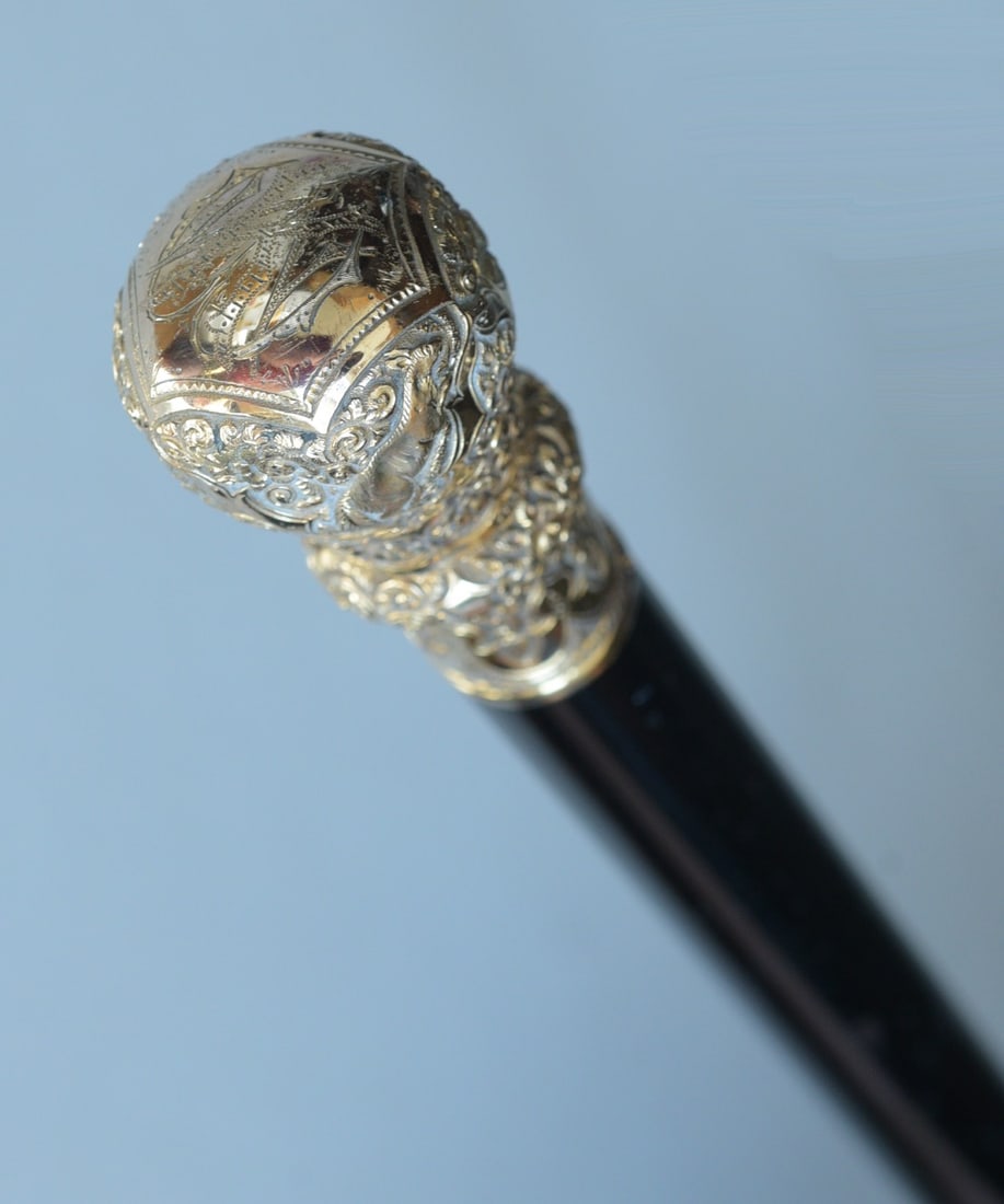 Victorian Ornate 14k Gold Filled Walking Stick: Victorian Ornate 14k Gold Filled Walking Stick made by R.F. Simmons Company handle decorated with animals, swags and flowers with initials on head 2 3/8" x 1/4" handle, 34" long overall IN HOUSE SHIPP