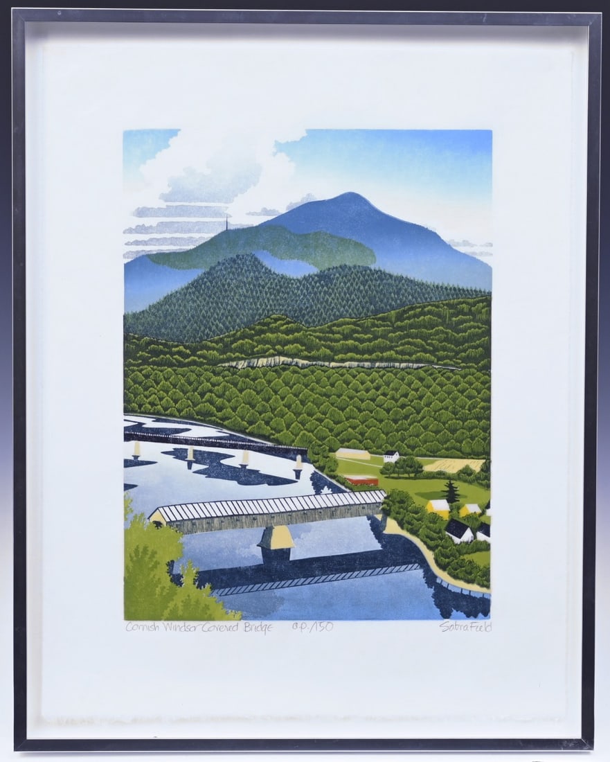 SABRA FIELD (born 1935), Woodblock Print, Cornish Windsor Covered Bridge: SABRA FIELD (born 1935), Woodblock Print, Cornish Windsor Covered Bridge image 15 7/8" x 11 7/8", sheet 21 1/2" x 17", framed to 24"x19" pencil signed lower right titled lower left marked as artist pr