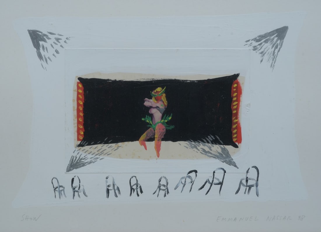 EMMANUEL NASSAR (Brazilian, born 1949) Show, 1988: EMMANUEL NASSAR (born 1949) Show, 1988 11"x15" gouache on paper, sight size, framed to 17"x21" signed lower right IN HOUSE SHIPPING within the Continental USA $35. DURING CHECKOUT, CHOOSE "ARRANGE MY 