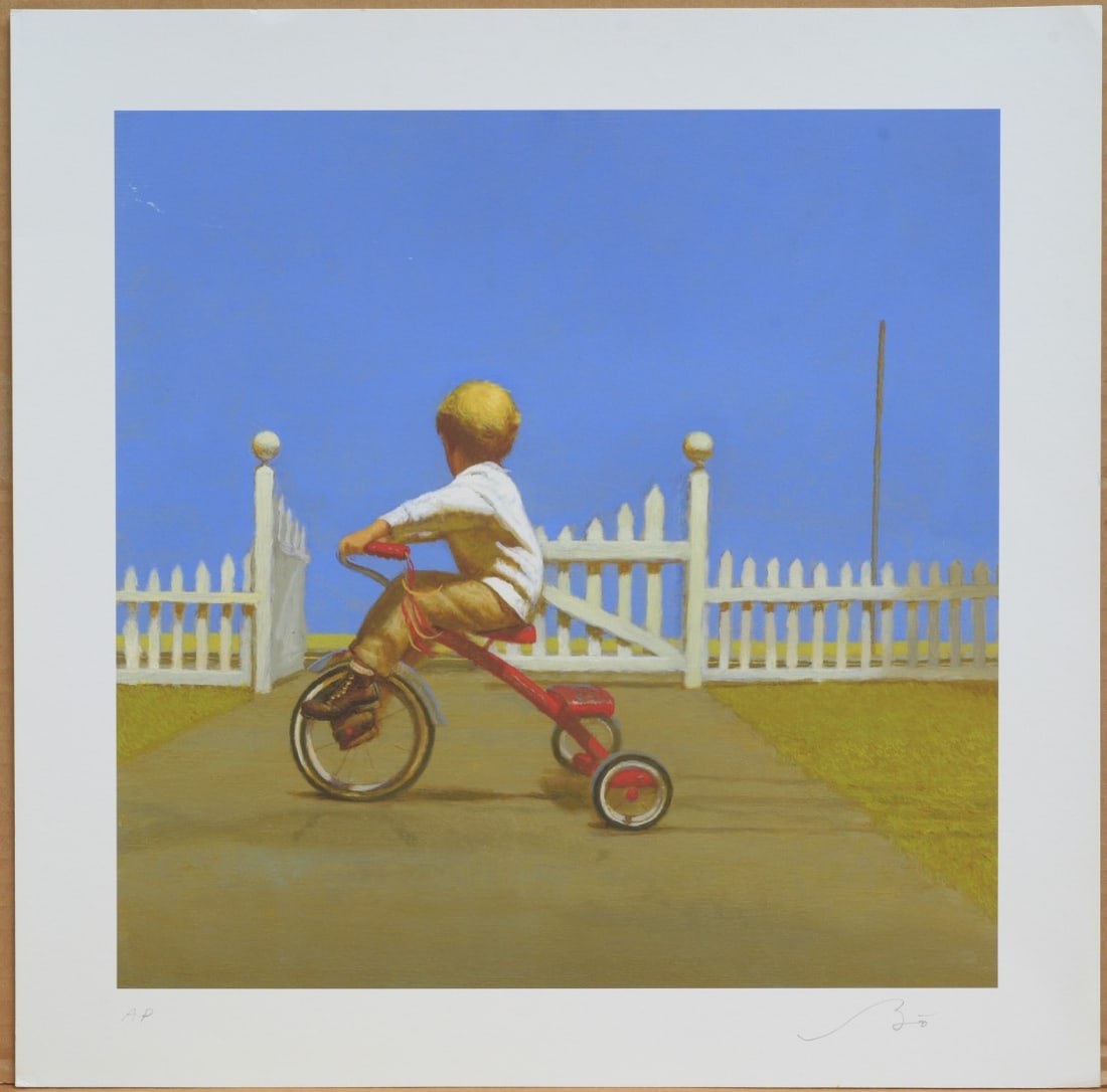 BO BARTLETT (born 1955) Lithograph, Boy with Tricycle: BO BARTLETT (born 1955) Lithograph, Boy with Tricycle 1sheet 14 1/2" x 14 1/2"pencil signed "Bo" lower right and marked as an artist proof lower leftunframed IN HOUSE SHIPPING within the Continental U
