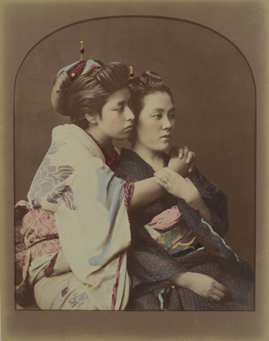 attrib. BARON RAIMUND VON STILLFRIED (1839-1911) Japanese Mother and Daughter: attrib. BARON RAIMUND VON STILLFRIED (1839-1911) Japanese Mother and Daughter 9 3/4" x 7 3/4" colored albumen print mounted together with sales receipt from Robert Koch Gallery, San Francisco unframed
