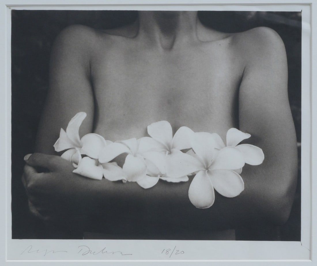 REGINA DELUISE (born 1959) Photograph, Woman with Flowers, Maui: REGINA DELUISE (born 1959) Photograph, Woman with Flowers, Maui 8"x10" Platinum/Palladium print on "Bienfang" paper (very thin) matted to 20"x16" signed lower left together with reciept from Michael S