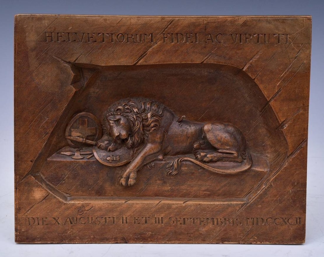 SWISS CARVED LION OF LUCERNE walnut wall plaque: SWISS CARVED LION OF LUCERNE walnut wall plaque 9 3/4" x 12 3/8" c 1 5/8" deep early 20th century IN HOUSE SHIPPING within the Continental USA $35. DURING CHECKOUT, CHOOSE "ARRANGE MY OWN SHIPPING" if