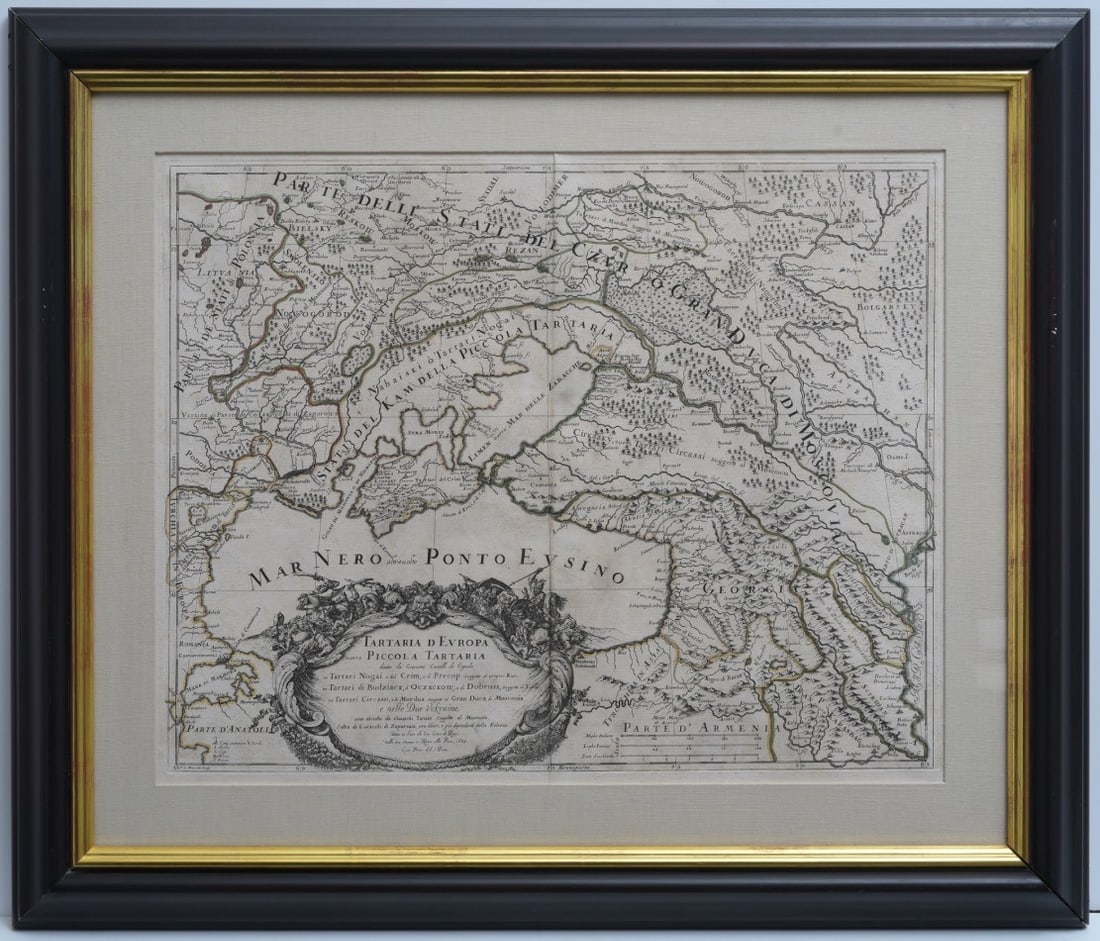 ANTIQUE MAP OF UKRAINE, The Black Sea and Crimea: ANTIQUE MAP OF UKRAINE, The Black Sea and Crimea Cantelli / De Rossi, "Mar Nero Ponto Evsino" plate 17"x21 3/4", nicely framed to 26"x30 1/2" with linen mat circa 1684 due to size, this lot ships with