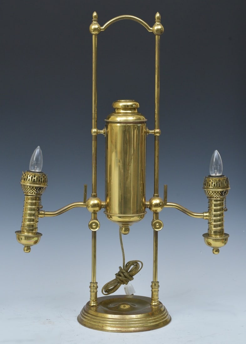 Victorian DOUBLE POST Student Oil Lamp, Manhattan Brass Co., NY: Victorian DOUBLE POST Student Oil Lamp, Manhattan Brass Co., NY 29" high, 20 1/2" across adjustable height approximately 18 lbs unsigned (base will be detached for shipping) IN HOUSE SHIPPING within t