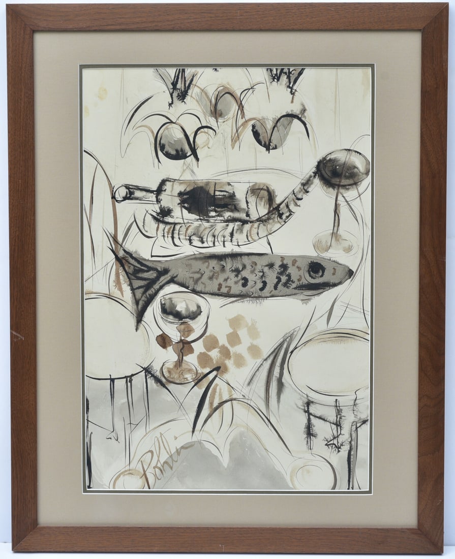 JONIS BOHLIN (born 1953), Fish Dinner with a Bottle of Wine: JONIS BOHLIN, Fish Dinner with a Bottle of Wine 26"x17.5" ink wash with color framed to 34"x27" SHIPS WITHOUT GLASS Jonas Bohlin is one of Scandinavia's most preeminent interior architects and